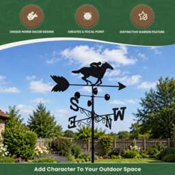 Rackhams Horse Racer Steel Weathervane with Ground Spike and Wall Fixing, Black Outdoor Wind Direction Ornament with Wind Speed Cups - thumbnail 2