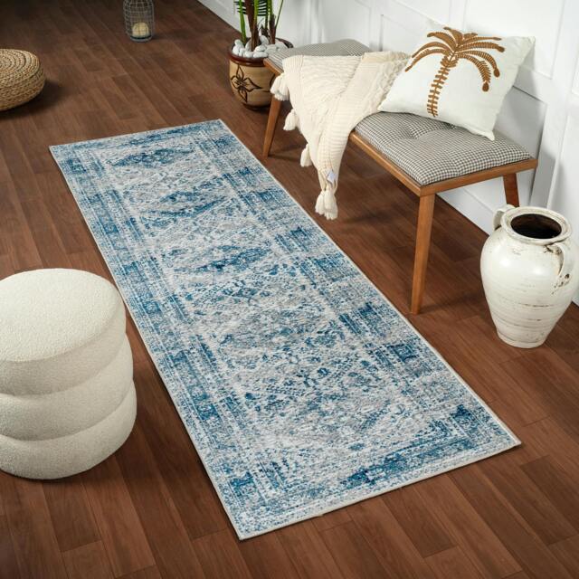 Rackhams Monte Carlo-Vintage Blue Grey White Traditional Boho Rug - 80 x 220 cm - image 1