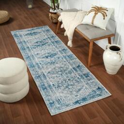 Rackhams Monte Carlo-Vintage Blue Grey White Traditional Boho Rug - 80 x 220 cm - thumbnail 1