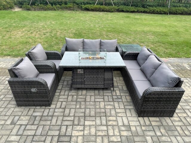 Rackhams Rattan Garden Furniture Set with Fire Pit Table,Chair and Side Table 8 Seater Outdoor Patio Lounge Sofa Set Dark Grey Mixed - image 1