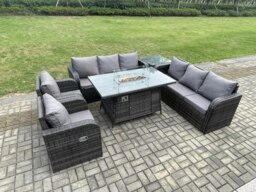Rackhams Rattan Garden Furniture Set with Fire Pit Table,Chair and Side Table 8 Seater Outdoor Patio Lounge Sofa Set Dark Grey Mixed - thumbnail 2