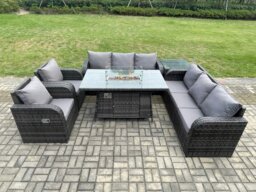 Rackhams Rattan Garden Furniture Set with Fire Pit Table,Chair and Side Table 8 Seater Outdoor Patio Lounge Sofa Set Dark Grey Mixed - thumbnail 1