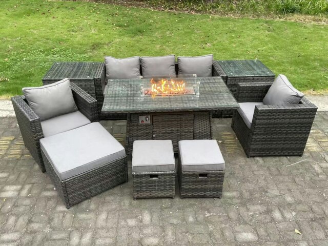Rackhams 8-Seater Rattan Gas Fire Pit Dining Set - Outdoor Wicker, 2 Armchairs, 2 Side Tables, Footstool - Dark Grey - image 1