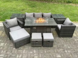 Rackhams 8-Seater Rattan Gas Fire Pit Dining Set - Outdoor Wicker, 2 Armchairs, 2 Side Tables, Footstool - Dark Grey - thumbnail 2