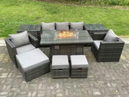 Rackhams 8-Seater Rattan Gas Fire Pit Dining Set - Outdoor Wicker, 2 Armchairs, 2 Side Tables, Footstool - Dark Grey - thumbnail 1