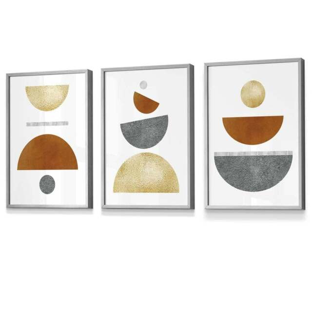 Rackhams Set of 3 Orange, Gold and Grey Mid Century Geometric Framed Wall Art - 50x70cm - Light Grey - image 1