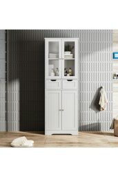 Rackhams Modern Tall Glass Door Cabinet for Bathroom & Livingroom - White - thumbnail 2