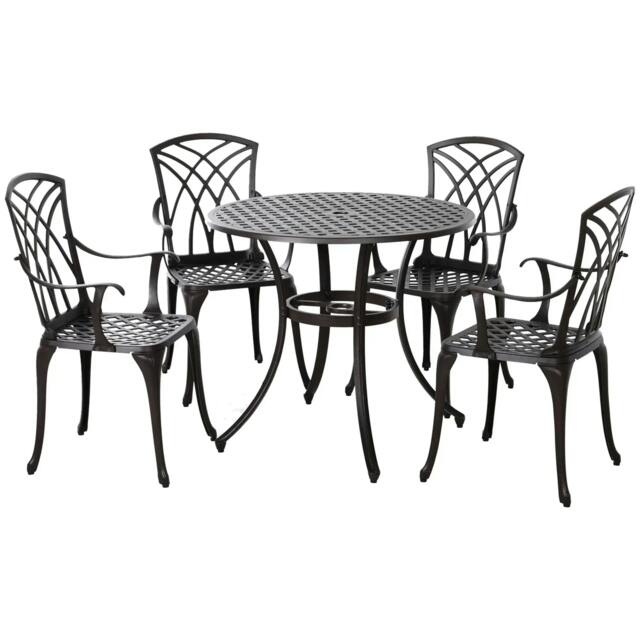 Rackhams 5 Pieces Garden Dining Set for 4, Cast Aluminium Outdoor Dining Set with 4 Armchairs and Round Dining Table with Parasol Hole, Brown - Brown - image 1