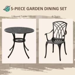 Rackhams 5 Pieces Garden Dining Set for 4, Cast Aluminium Outdoor Dining Set with 4 Armchairs and Round Dining Table with Parasol Hole, Brown - Brown - thumbnail 3