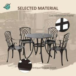 Rackhams 5 Pieces Garden Dining Set for 4, Cast Aluminium Outdoor Dining Set with 4 Armchairs and Round Dining Table with Parasol Hole, Brown - Brown - thumbnail 6