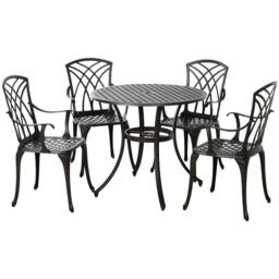 Rackhams 5 Pieces Garden Dining Set for 4, Cast Aluminium Outdoor Dining Set with 4 Armchairs and Round Dining Table with Parasol Hole, Brown - Brown - thumbnail 1