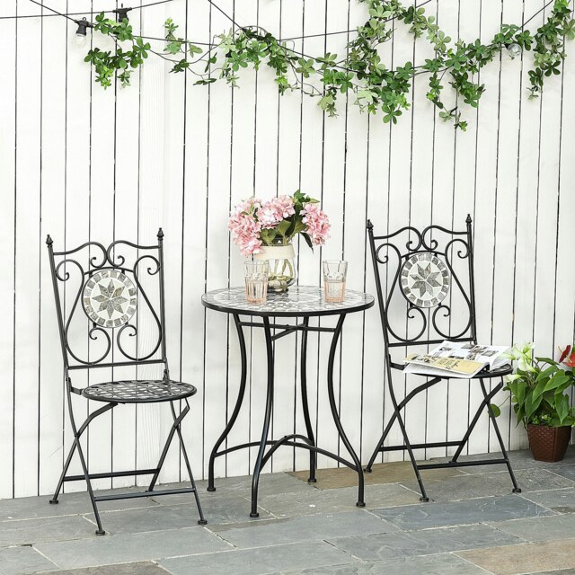 Rackhams 3 Pcs Mosaic Tile Garden Bistro Set Outdoor w/ Table 2 Folding Chairs - image 1
