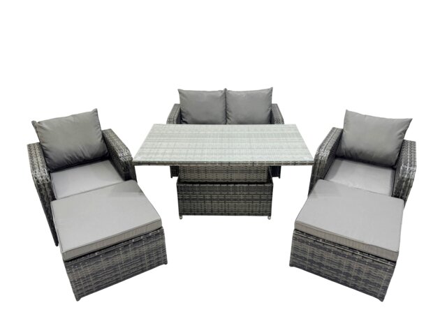 Rackhams 6 seater Patio Height Adjustable Rising Lifting Table Sofa Sets Rattan Garden Furniture Dining Set with 2 Big Footstool Dark Grey Mixed - image 1