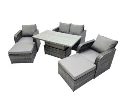 Rackhams 6 seater Patio Height Adjustable Rising Lifting Table Sofa Sets Rattan Garden Furniture Dining Set with 2 Big Footstool Dark Grey Mixed - thumbnail 2