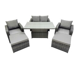Rackhams 6 seater Patio Height Adjustable Rising Lifting Table Sofa Sets Rattan Garden Furniture Dining Set with 2 Big Footstool Dark Grey Mixed - thumbnail 1