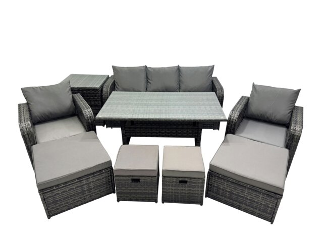 Rackhams 8 Seat Outdoor Wicker PE Rattan Garden Furniture Set Dining Table Sofa Set with 4 Stools Side Table Dark Grey Mixed - image 1