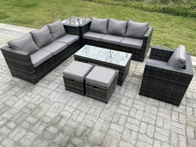 Rackhams Outdoor Rattan Garden Furniture Lounge Sofa Set With Oblong Rectagular Coffee Table Arm Chair Side Coffee Table 2 Stools - image 1