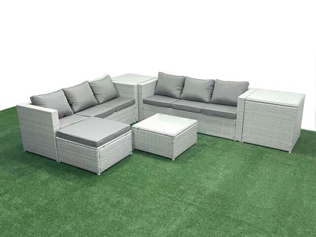 Rackhams Rattan Garden Outdoor Furniture Set 7 Seater Rattan Garden Sofa Set with Big Footstool 2 Side Tables Light Grey Mixed - image 1