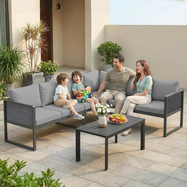 Rackhams 6 Seater Metal Garden Furniture Corner Sofa Set, Dark Grey - Not applicable - Metal, Texteline, Cationic Polyester, Wood Plastic Composite - Dark grey - image 1