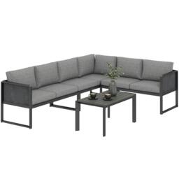 Rackhams 6 Seater Metal Garden Furniture Corner Sofa Set, Dark Grey - Not applicable - Metal, Texteline, Cationic Polyester, Wood Plastic Composite - Dark grey - thumbnail 2