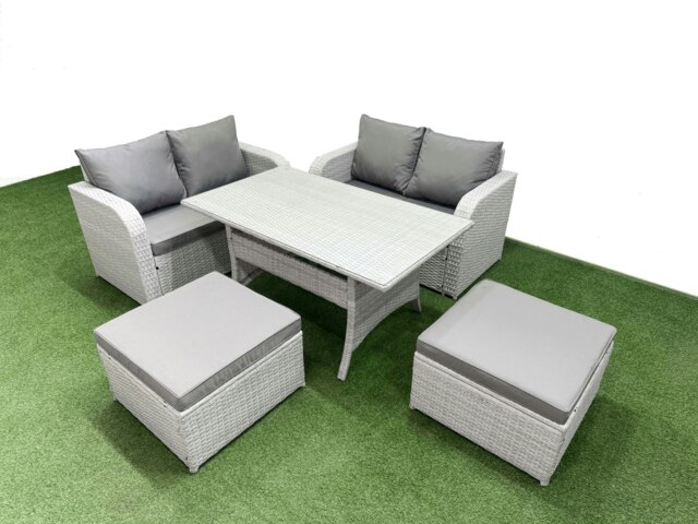 Rackhams 6 Seater Outdoor Love Sofa Set Rattan Garden Furniture Set with Rectangular Dining Table 2 Footstool Light Grey - image 1
