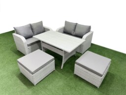 Rackhams 6 Seater Outdoor Love Sofa Set Rattan Garden Furniture Set with Rectangular Dining Table 2 Footstool Light Grey - thumbnail 1