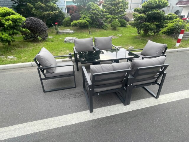 Rackhams Aluminum Garden Furniture Dining Set Adjustable Rising Lifting Table And Chairs Patio Outdoor 6 Seat Black Tempered Glass Dark Grey - image 1