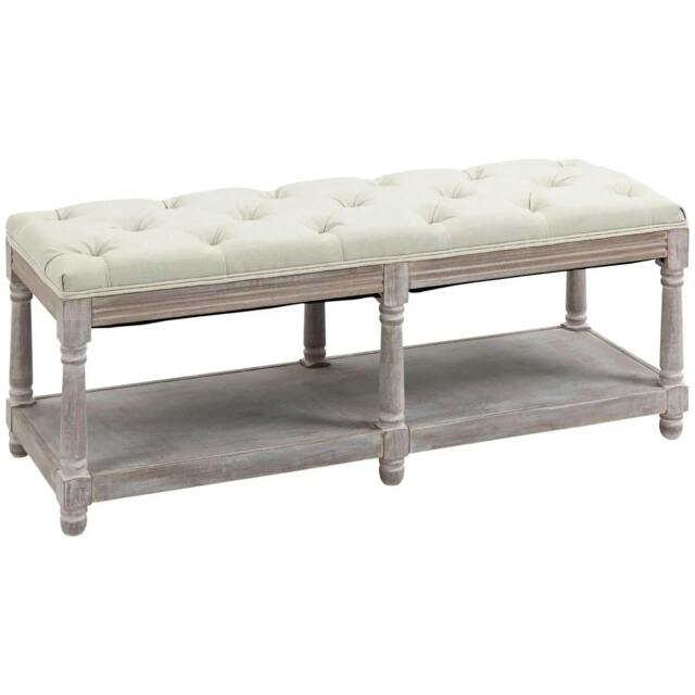 Rackhams 2-Tier Bed End Bench, Vintage Stool, Wooden Window Seat with Storage Shelf, Button Tufted Upholstered Footstool, Cream White - image 1