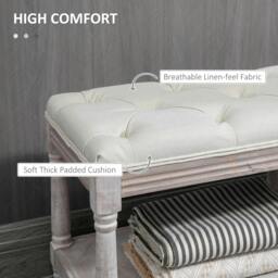 Rackhams 2-Tier Bed End Bench, Vintage Stool, Wooden Window Seat with Storage Shelf, Button Tufted Upholstered Footstool, Cream White - thumbnail 4