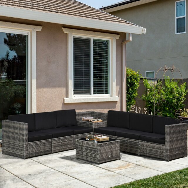 Rackhams 8Pcs Patio Rattan Sofa Set Garden Furniture Side Table - Grey - Steel, PE rattan, Polyester - 58cm x 58cm x 37cm