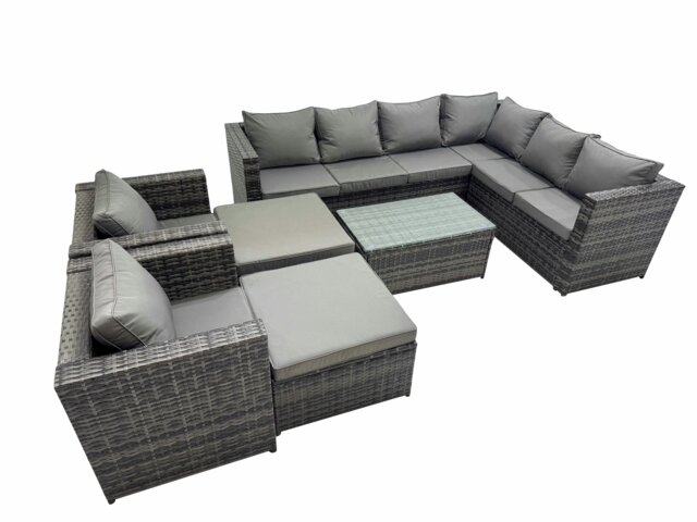 Rackhams Patio Sofa Oblong Coffee Table Set Rattan Garden Furniture Set with 2 Chairs 2 Big Stools Dark Grey Mixed - image 1