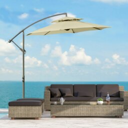 Rackhams 2.7m Garden Banana Parasol Cantilever Umbrella with Crank Handle, Double Tier Canopy and Cross Base for Outdoor, Hanging Sun Shade, Beige - Green - thumbnail 2