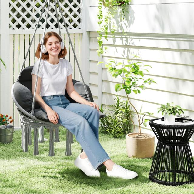 Rackhams Hammock Chair, Boho Hanging Swing Chair with Cushion, Dark Grey - Dark Grey - image 1