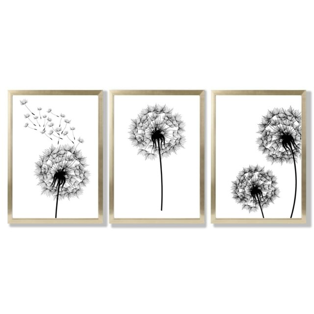 Rackhams DANDELIONS Set of 3 Framed Sketch Wall Art Prints - 30x42cm (A3) - Gold - image 1