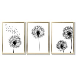 Rackhams DANDELIONS Set of 3 Framed Sketch Wall Art Prints - 30x42cm (A3) - Gold