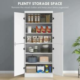 Rackhams 4-Door Tall Kitchen Cupboard, Freestanding 6-Tier Storage Cabinet with 2 Adjustable Shelves for Living Room, Dining Room, White - thumbnail 4
