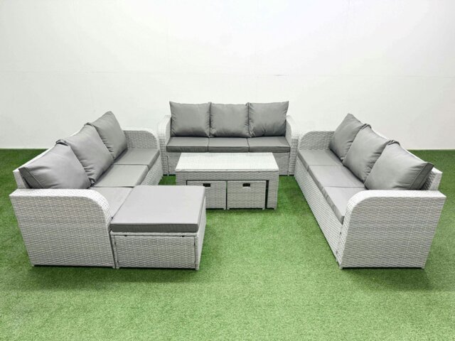 Rackhams PE Rattan Lounge Sofa Set 12 Seater Outdoor Garden Furniture Set with Oblong Coffee Table 3 Seater Sofa 3 Stools Light Grey - image 1