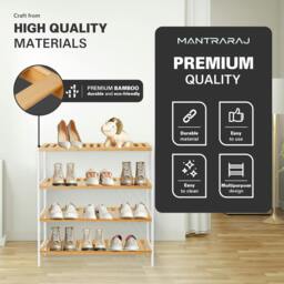 Rackhams Bamboo 4 Tier Shoe Rack Easy Assembly Storage Shelf Organiser Wooden Shoe Rack - Shoe Rack - White, Brown - thumbnail 2