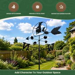 Rackhams Witch Steel Weathervane, Black Painted All-Steel Weather Vane With Wall Fixings and 1.7m Ground Spike, Wind Speed Cups - thumbnail 2