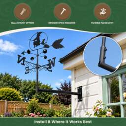 Rackhams Witch Steel Weathervane, Black Painted All-Steel Weather Vane With Wall Fixings and 1.7m Ground Spike, Wind Speed Cups - thumbnail 4