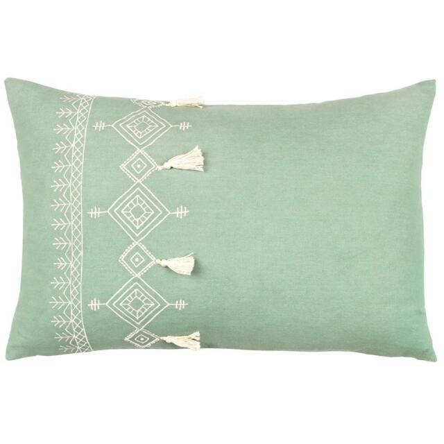 Rackhams Pritta Tassel Cushion Cover - Eucalyptus - 40cm x 60cm - Eucalyptus - 100% Cotton - image 1