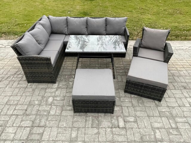 Rackhams Rattan Garden Furniture Corner Sofa Set with Oblong Dining Table 2 Big Footstool Armchair Outdoor Wicker Rattan Set Dark Grey Mixed - image 1