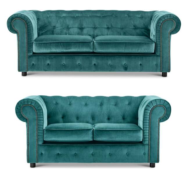 Rackhams Ashbourne Chesterfield Plush Velvet Fabric Sofa Suite - Teal - image 1