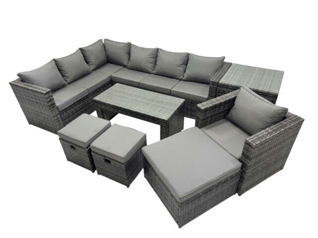 Rackhams 8 Pieces Outdoor PE Rattan Garden Furniture Corner Sofa Oblong Coffee Table Set with Cushions 3 Footstools Side Table Dark Grey Mixed - image 1
