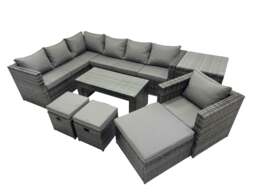 Rackhams 8 Pieces Outdoor PE Rattan Garden Furniture Corner Sofa Oblong Coffee Table Set with Cushions 3 Footstools Side Table Dark Grey Mixed - thumbnail 1