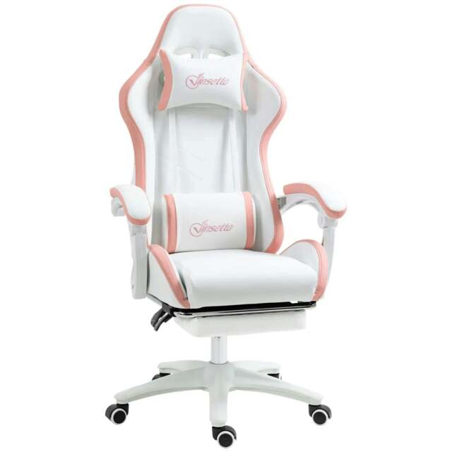 Rackhams Computer Gaming Chair, PU Leather Office Desk Chair with Footrest, Swivel Wheels, 135° Reclining Back, Lumbar Support, Headrest, White and Pink - image 1