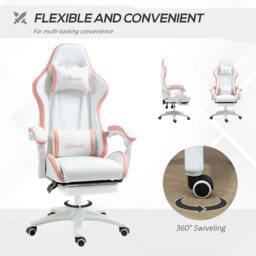 Rackhams Computer Gaming Chair, PU Leather Office Desk Chair with Footrest, Swivel Wheels, 135° Reclining Back, Lumbar Support, Headrest, White and Pink - thumbnail 6