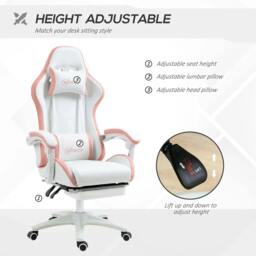 Rackhams Computer Gaming Chair, PU Leather Office Desk Chair with Footrest, Swivel Wheels, 135° Reclining Back, Lumbar Support, Headrest, White and Pink - thumbnail 4