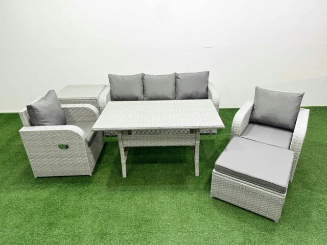 Rackhams PE Rattan Garden Furniture Set Reclining Chair Sofa Lounge Sofa Set Rectangular Dining Table Side Table Big Footstool Light Grey - image 1