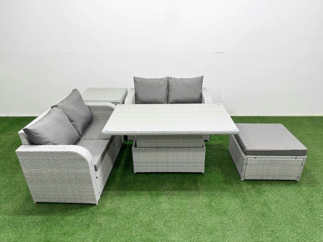Rackhams 5 Seater Outdoor Love Sofa Set Rattan Garden Furniture Set with Adjustable Lifting Dining or Coffee Table Big Footstool Side Table Light Grey - image 1